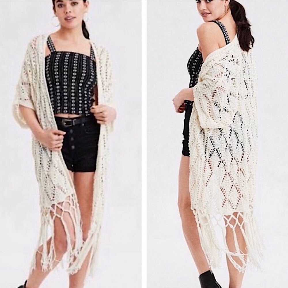 NWT American Eagle Knit Crochet Fringe Open Cardigan Duster Size Medium